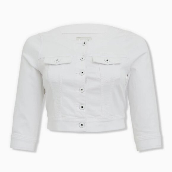 🆕 3X WHITE CROP COLLARLESS DENIM JACKET - Picture 1 of 5